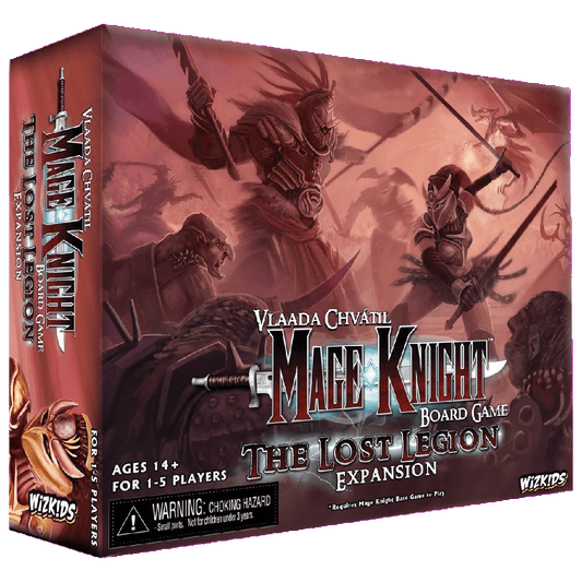 The image shows the box for Mage Knight Board Game: The Lost Legion by WizKids, featuring General Volkare in battle amid fantasy art. Suitable for ages 14+, 1–5 players.