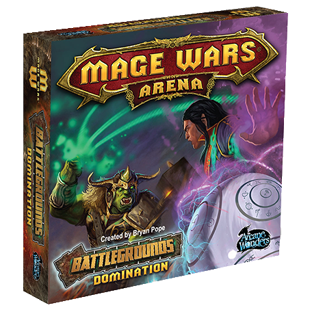 The Mage Wars Arena Battlegrounds Domination box by Arcane Wonders features fantasy artwork of a horned beast warrior and a mage, reflecting the epic territory control gameplay found in the mystical arena within.