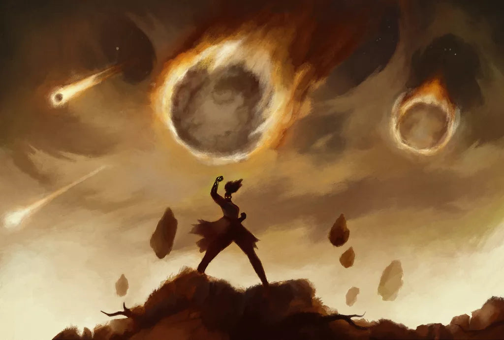 A lone figure stands on rocks, arm raised as meteors streak across a blazing sky—debris swirling in a scene capturing the power and intensity of Mage Noir, the spell crafting card game by Double Combo Games.