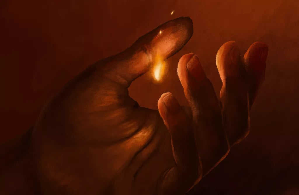 A hand with curled fingers balances a glowing flame on its index finger, casting warm orange light—capturing the magical essence of Mage Noir, the spell crafting card game by Double Combo Games with a shared Mana pool.