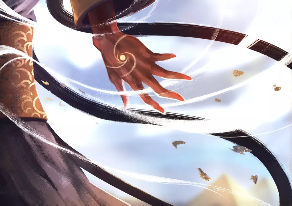 A hand with a glowing spiral on the palm, swirling ribbons, and golden leaves evokes the magical realm of Mage Noir by Double Combo Games, a spell-crafting card game with a shared Mana pool. The figure wears ornate, patterned robes against a bright sky.