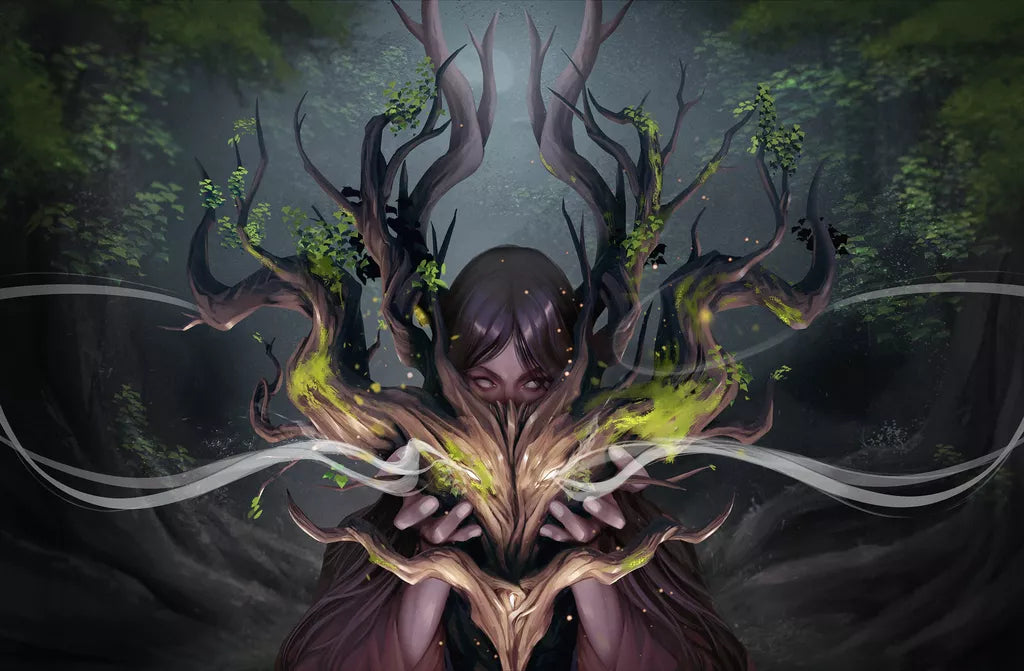 A mystical figure with long hair holds glowing, twisted branches covering their face as green leaves and magical light glow in the dark forest—evoking the spellcasting world of Mage Noir by Double Combo Games.