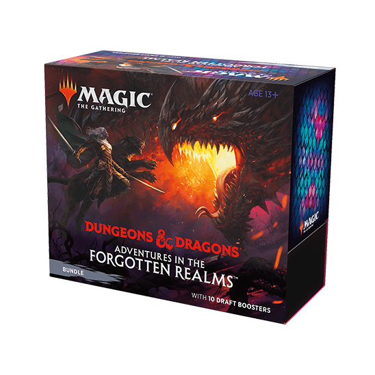 The Magic The Gathering: Adventures in the Forgotten Realms Bundle (10 Draft Boosters) by Wizards of the Coast features striking fantasy art and includes exclusive packs to expand your deck.