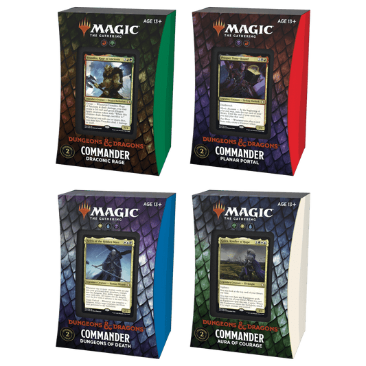 Wizards of the Coast’s Magic The Gathering: Adventures in the Forgotten Realms Commander Decks (4 Decks) - EN features Draconic Rage, Planar Portal, Dungeons of Death, and Aura of Courage, each spotlighting a card on the front.