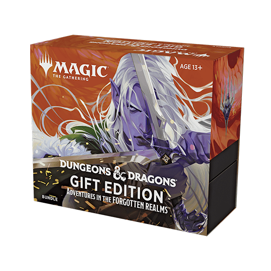 The Magic The Gathering: Adventures in the Forgotten Realms Gift Bundle by Wizards of the Coast features fantasy elf and sword art, includes a Collector Booster, and is ideal for fans ages 13+.