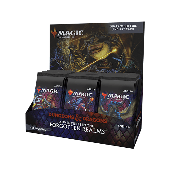 The Magic The Gathering: Adventures in the Forgotten Realms Set Boosters Box (30 Packs) by Wizards of the Coast features Dungeons & Dragons-themed cards—perfect for expanding your collection. Includes 30 English Set Boosters with fantasy art display.