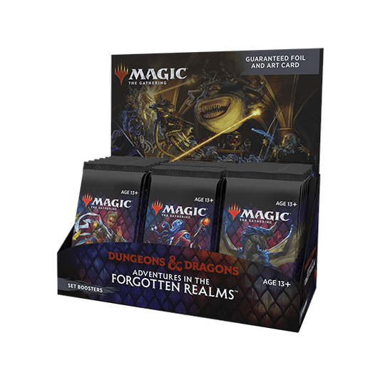 The Magic The Gathering: Adventures in the Forgotten Realms Set Boosters Box (30 Packs) by Wizards of the Coast features Dungeons & Dragons-themed cards—perfect for expanding your collection. Includes 30 English Set Boosters with fantasy art display.