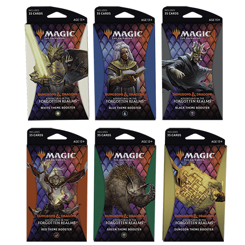 Twelve Magic The Gathering: Adventures in the Forgotten Realms Theme Boosters by Wizards of the Coast are shown, each box offering packs themed for white, blue, black, red, green, and dungeon decks with unique fantasy artwork.