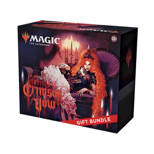 The Magic The Gathering: Crimson Vow Gift Bundle - EN by Wizards of the Coast showcases a red-haired vampire woman in elegant attire seated on a throne, with glowing gothic candles in the background.