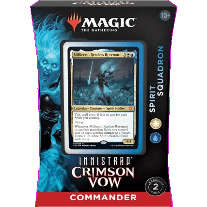 The Magic The Gathering: Innistrad: Crimson Vow Spirit Squadron Commander Deck (EN) by Wizards of the Coast features blue ghostly artwork and displays the Millicent, Restless Revenant card on the front.