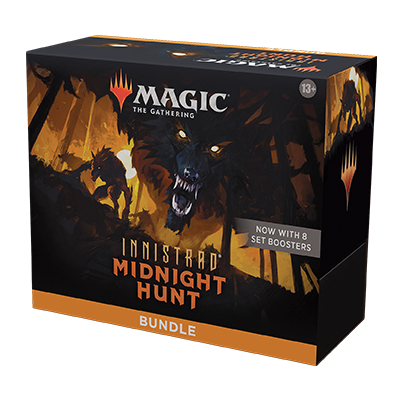 The Magic The Gathering: Innistrad Midnight Hunt Bundle (8 Draft Boosters) by Wizards of the Coast includes 8 Draft Boosters and is labeled for ages 13 and up.