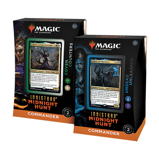The Magic The Gathering: Innistrad Midnight Hunt Commander Decks (2 Decks) by Wizards of the Coast includes green-themed Coven Counters and blue-black Undead Unleashed, each featuring exciting new cards for your Commander games.