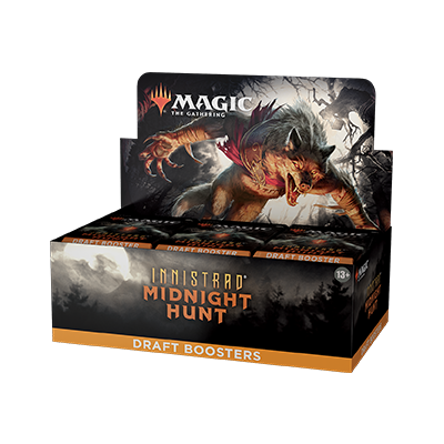 A box of Magic The Gathering: Innistrad Midnight Hunt Draft Boosters (36 Packs) by Wizards of the Coast, featuring fantasy werewolves and misty forests.