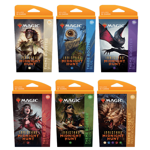 The Magic The Gathering: Innistrad Midnight Hunt Theme Boosters Box (12 Packs) by Wizards of the Coast includes themed boosters in a variety of colors, each with fantasy artwork and orange packaging for an exciting Booster Fun experience.