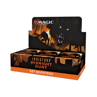 A Magic The Gathering: Innistrad Midnight Hunt Set Boosters Box (30 Packs) - EN by Wizards of the Coast, featuring werewolf art and dark, fiery colors with the Magic The Gathering logo and product name.