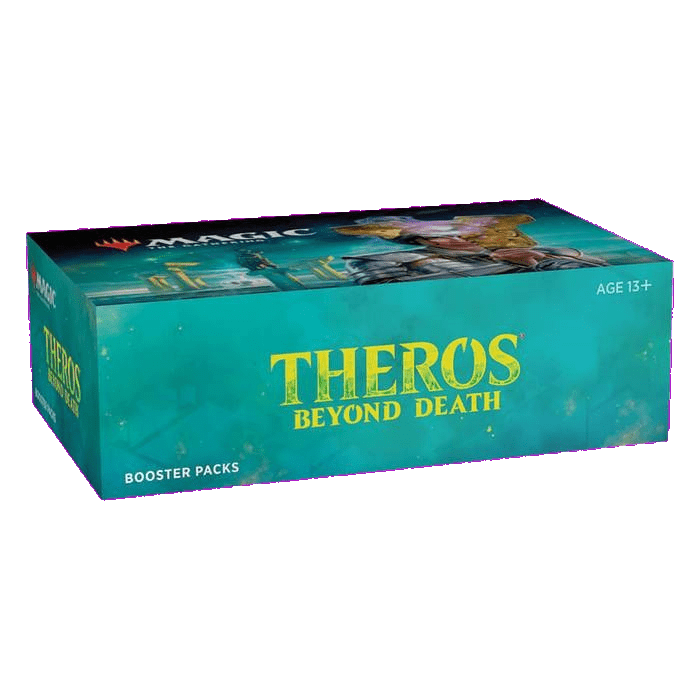 The Magic The Gathering: Theros Beyond Death Booster Box (36 Packs) by Wizards of the Coast is a rectangular box, mainly teal with yellow text and fantasy art, designed for ages 13 and up.
