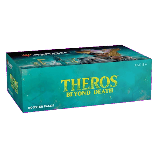 The Magic The Gathering: Theros Beyond Death Booster Box (36 Packs) by Wizards of the Coast is a rectangular box, mainly teal with yellow text and fantasy art, designed for ages 13 and up.