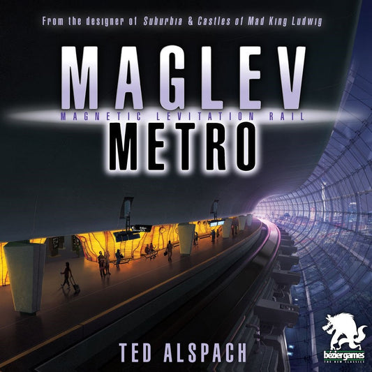 A futuristic metro station with glowing yellow lights, curved tracks, and a glass tunnel wall. Text: Maglev Metro, a board game by Bezier Games.