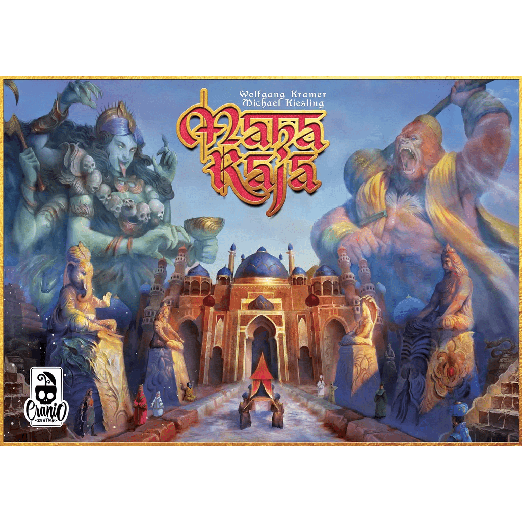 The Maharaja board game by Cranio Creations features a vibrant cover with a grand palace, ghostly figures, and people at the entrance. The title "Maharaja" appears in bold red and yellow letters at the top center.