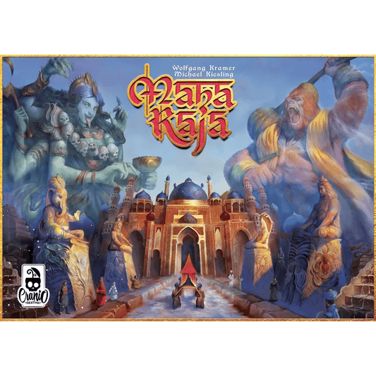 The Maharaja board game by Cranio Creations features a vibrant cover with a grand palace, ghostly figures, and people at the entrance. The title "Maharaja" appears in bold red and yellow letters at the top center.