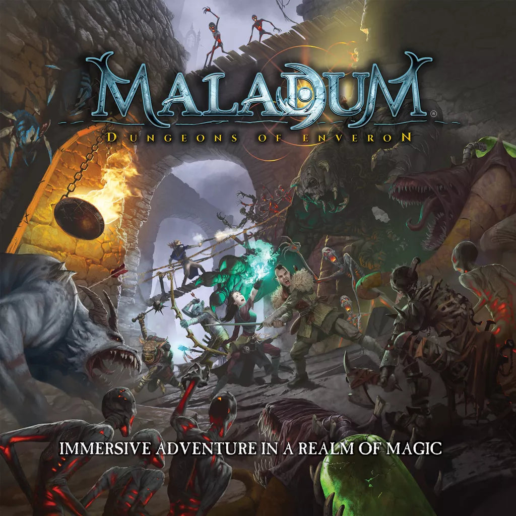 Experience Maladum: Dungeons of Enveron by Battle Systems Ltd—an immersive fantasy miniatures board game where heroes battle beasts, face skeletons, and explore dark dungeons in thrilling 3D adventures.
