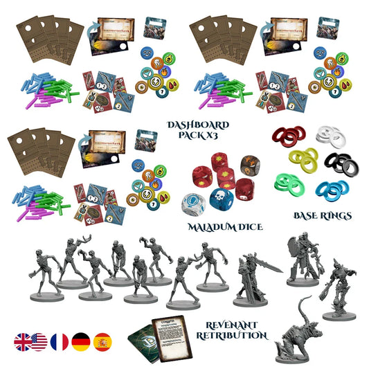 The Maladum: Dungeons of Enveron United Assault Multi-Party Components by Battle Systems Ltd includes cards, tokens, dice, colored rings, Adventurer Dashboard Packs, mini skeletons and warriors. Parts are labeled; four flags indicate language options.