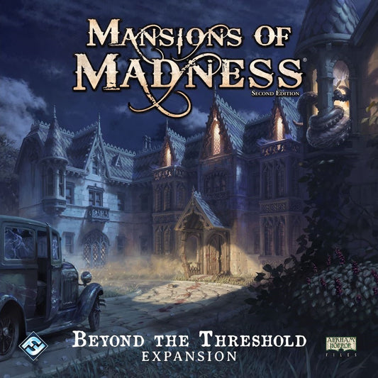 A video game cover with a car in front of a building, evoking the unsettling atmosphere of Fantasy Flight Games' Mansions of Madness: Second Edition—Beyond the Threshold Expansion.