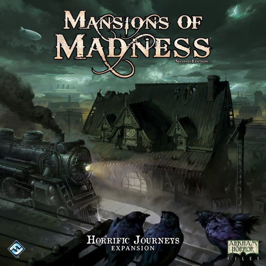 Dark, eerie art for Fantasy Flight Games' Mansions of Madness: Second Edition—Horrific Journeys Expansion features a haunted mansion, steam train, black crows, and a stormy sky, with the expansion title displayed prominently at the top.