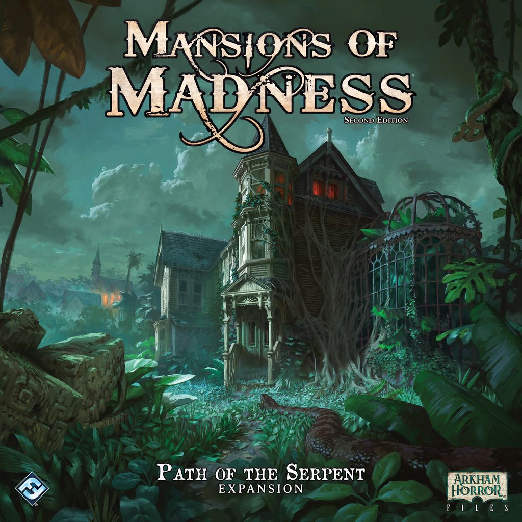 An overgrown mansion rises in the jungle, with a glass greenhouse and a snake slithering nearby. Text: “Fantasy Flight Games: Mansions of Madness: Second Edition—Path of the Serpent Expansion. Arkham investigators beware.”.