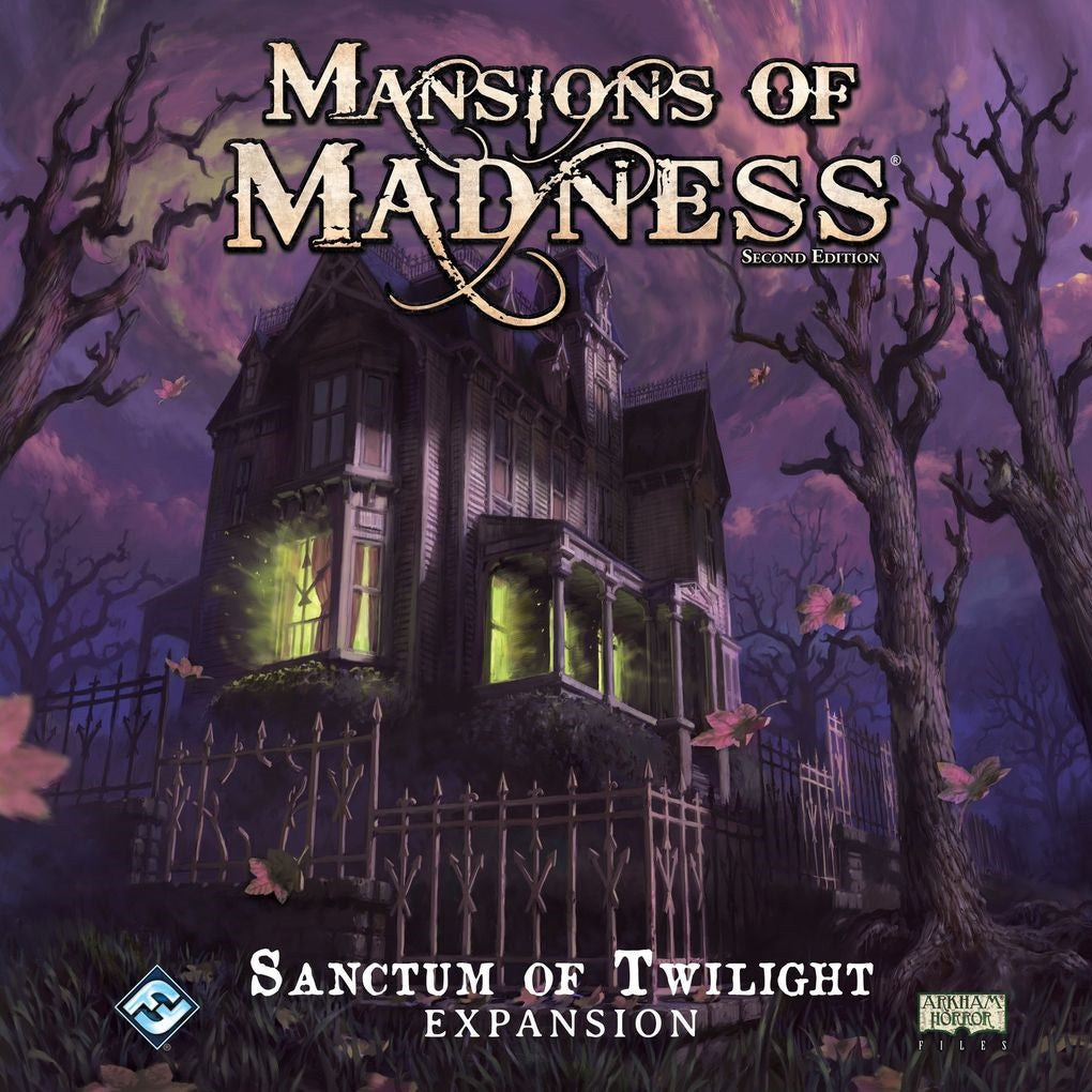 A dark Victorian mansion looms beneath a stormy purple sky and twisted trees. “Sanctum of Twilight”—a chilling expansion for Mansions of Madness: Second Edition by Fantasy Flight Games—awaits in the Arkham Files universe.