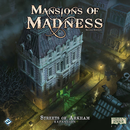 A dark mansion glows with eerie green light on a street corner at night, showcasing the product "Mansions of Madness: Second Edition: Streets of Arkham Expansion" by Fantasy Flight Games.