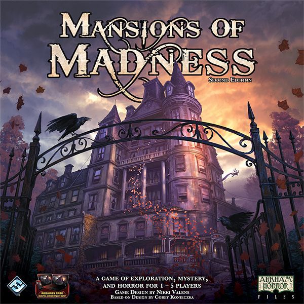 A gothic mansion rises behind iron gates under a cloudy sky as a crow perches atop the gate. Above, the title "Mansions of Madness: Second Edition" by Fantasy Flight Games highlights this app-driven cooperative board game.