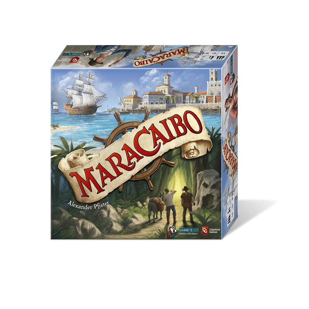 A box for Maracaibo by Capstone Games, showing a 17th century Caribbean scene with a ship, colonial buildings, palm trees, and explorers near a cave beneath the game's title.