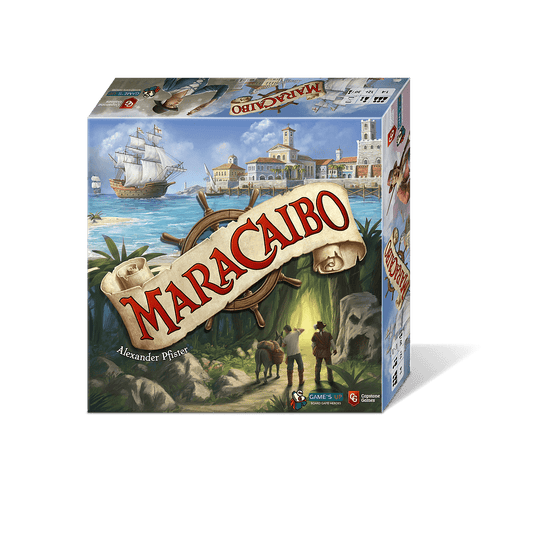 A box for Maracaibo by Capstone Games, showing a 17th century Caribbean scene with a ship, colonial buildings, palm trees, and explorers near a cave beneath the game's title.