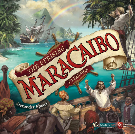 A lively crew celebrates on a ship deck with raised fists as a rainbow arcs over a sea battle by a tropical shore. "Maracaibo: The Uprising" by Capstone Games captures the thrill of Caribbean adventure in this board game expansion.
