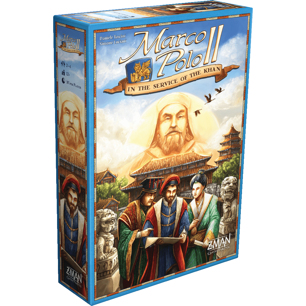 Front of the Marco Polo II: In the Service of the Khan box from Z-Man Games, showing art inspired by The Voyages of Marco Polo—featuring Marco Polo, companions, an ancient city, statues, and a large portrait above.