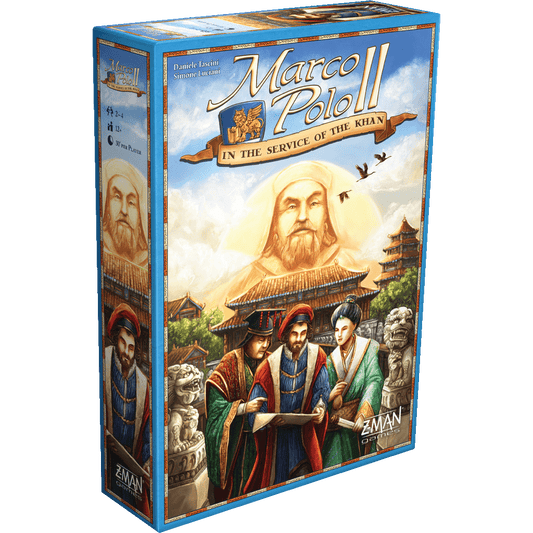 Front of the Marco Polo II: In the Service of the Khan box from Z-Man Games, showing art inspired by The Voyages of Marco Polo—featuring Marco Polo, companions, an ancient city, statues, and a large portrait above.