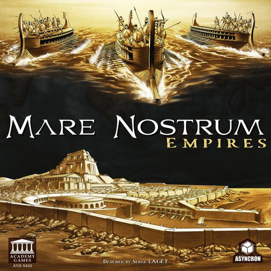 Three ancient warships with soldiers sail over a fortified city of stone, symbolizing ancient empires' rise. “Mare Nostrum Empires” appears on the image, with the Academy Games logo in the corner.