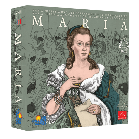The box cover of Maria EN/DE by Rio Grande Games displays an illustrated Maria Theresa in 18th-century dress holding a letter, set against soldiers and flags, with the MARIA title highlighting its War of the Austrian Succession theme.