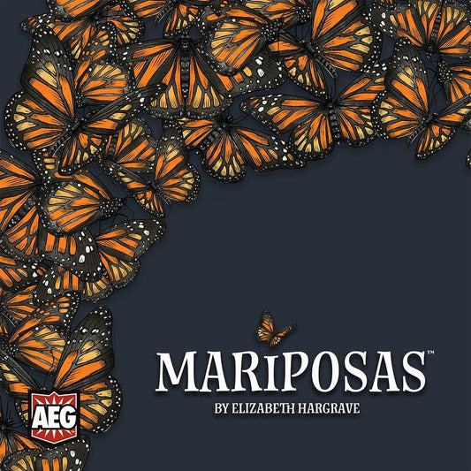 A cluster of orange and black monarch butterflies forms a swirling border on a dark background, with the Mariposas board game by Alderac Entertainment Group featured at the bottom.