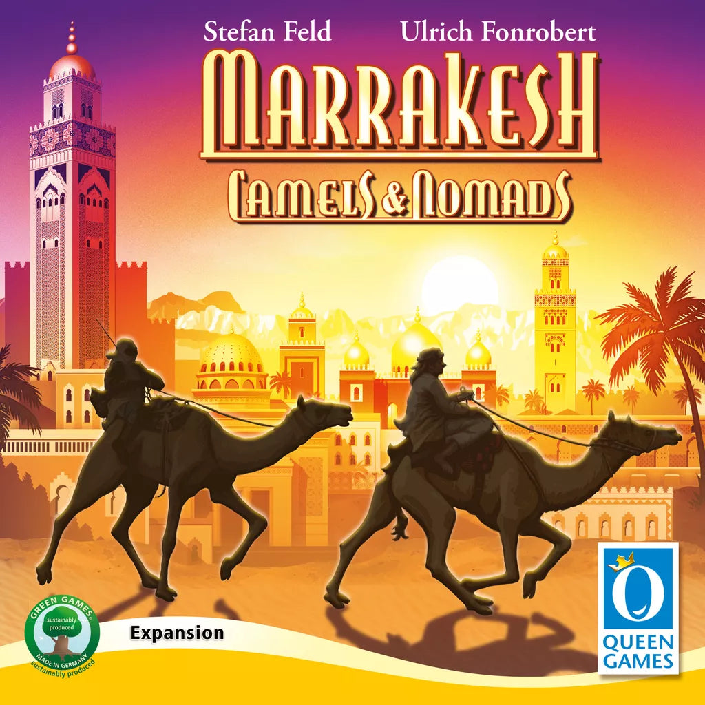 Two people ride camels past palm trees and a city skyline at sunset. Text reads "Marrakesh: Camels & Nomads Expansion," a board game expansion by Queen Games.