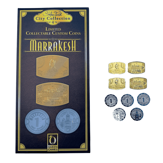 The Marrakesh Limited Collectible Custom Coins by Queen Games feature uniquely designed silver and gold coins, displayed with their packaging—perfect for showcasing in a jewelry box.
