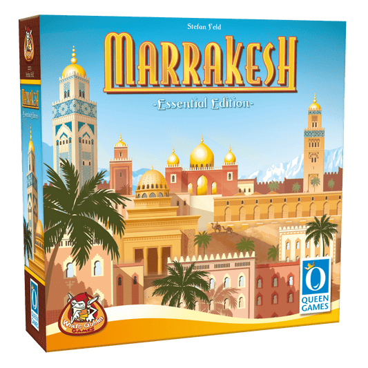 Box for Marrakesh NL Essential Edition bordspel by White Goblin Games, showing Marrakesh's vibrant skyline with domes, towers, palm trees, clear sky, and an Obermufti character.