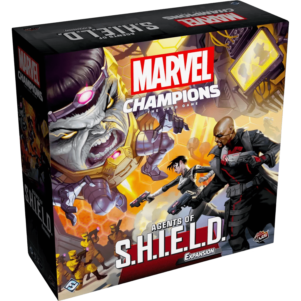 The box cover of Marvel Champions: The Card Game – Agents of S.H.I.E.L.D. Expansion by Fantasy Flight Games shows comic-style art of MODOK, Nick Fury, and S.H.I.E.L.D. agents in action against vivid, dynamic backgrounds.