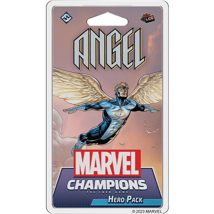 Box art for Marvel Champions: The Card Game – Angel Hero Pack by Fantasy Flight Games shows Angel, a winged hero in blue and white, soaring above clouds with a pastel sky. X-Force and Marvel Champions logos appear at the bottom.