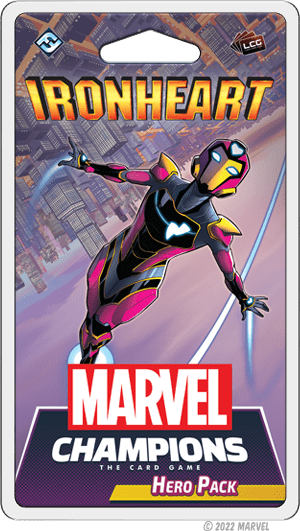 The illustrated packaging for Marvel Champions: The Card Game – Ironheart Hero Pack by Fantasy Flight Games shows Ironheart in her black, pink, and gold suit soaring above a futuristic cityscape.