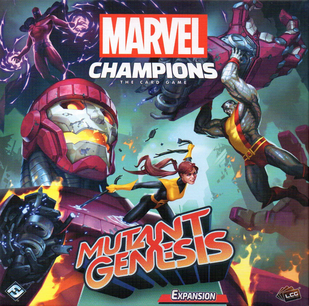 The cover of Marvel Champions: The Card Game – Mutant Genesis Expansion by Fantasy Flight Games features X-Men heroes such as Shadowcat and Colossus, with Iron Man, fighting a Sentinel under the prominent game and expansion logos.