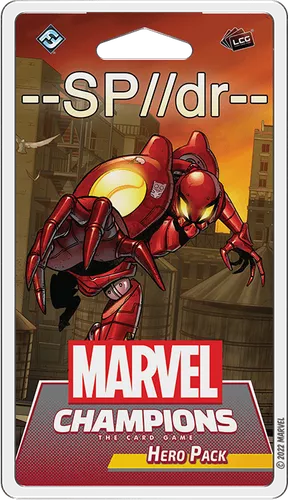 The image displays the packaging for Marvel Champions: The Card Game – SP//dr Hero Pack by Fantasy Flight Games, showing the red Spider-hero mech suit leaping over rooftops. The Marvel Champions logo and "Hero Pack" label appear at the bottom.