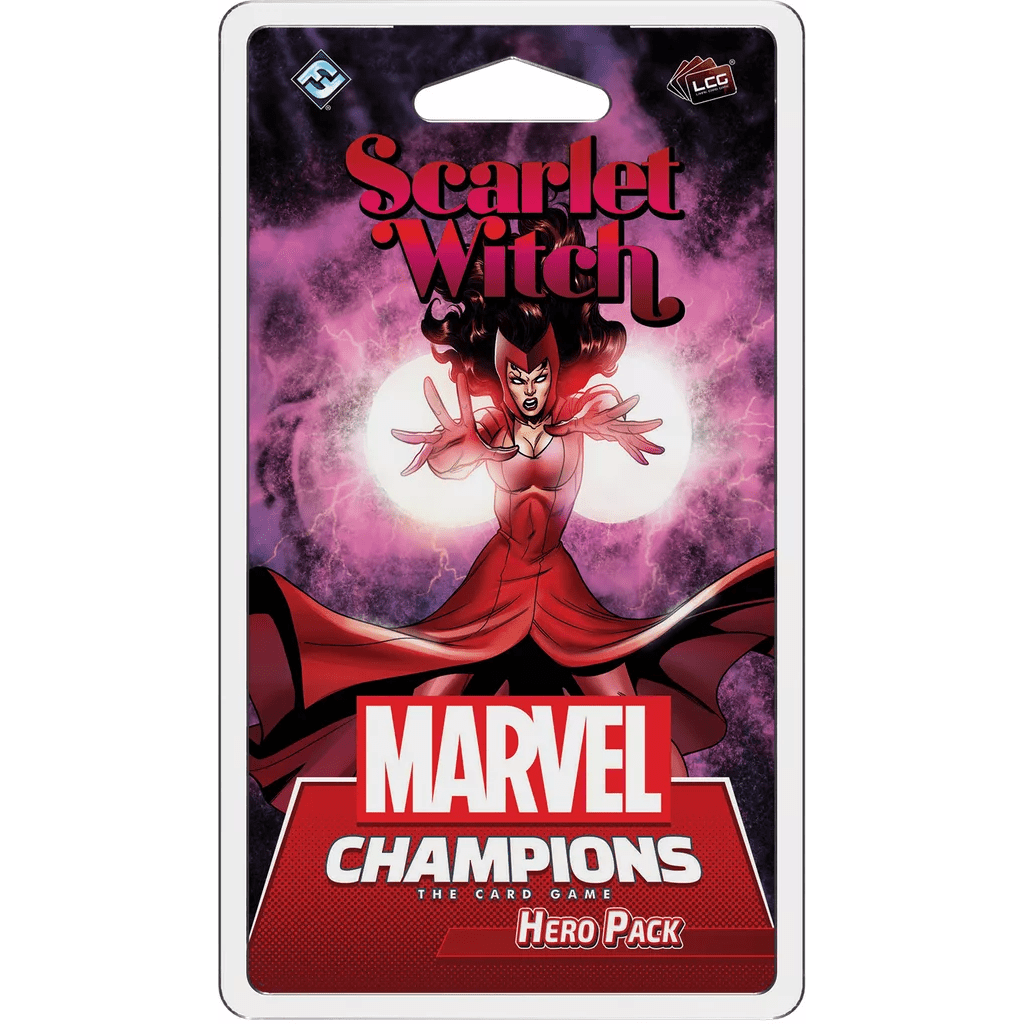 The Marvel Champions: The Card Game – Scarlet Witch Hero Pack by Fantasy Flight Games features Scarlet Witch in a dramatic pose with glowing magic, showcased on striking red and purple packaging.