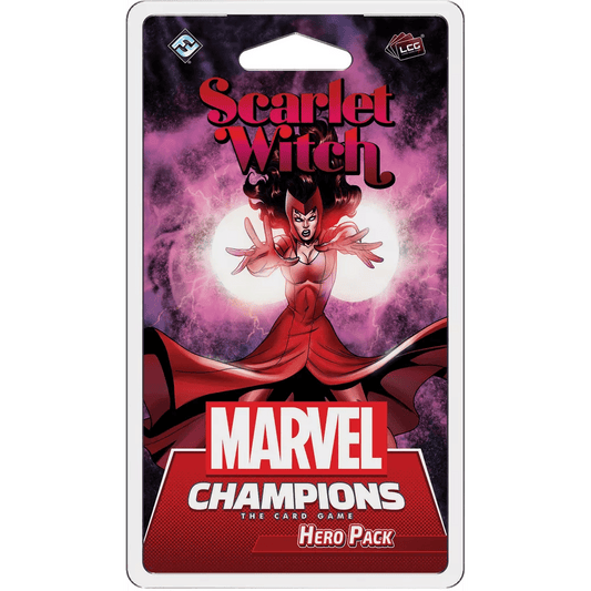 The Marvel Champions: The Card Game – Scarlet Witch Hero Pack by Fantasy Flight Games features Scarlet Witch in a dramatic pose with glowing magic, showcased on striking red and purple packaging.